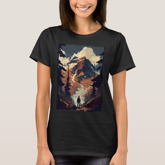 Hiking camping mountains sunset hiker retro 70s vi t shirt (Framsida)