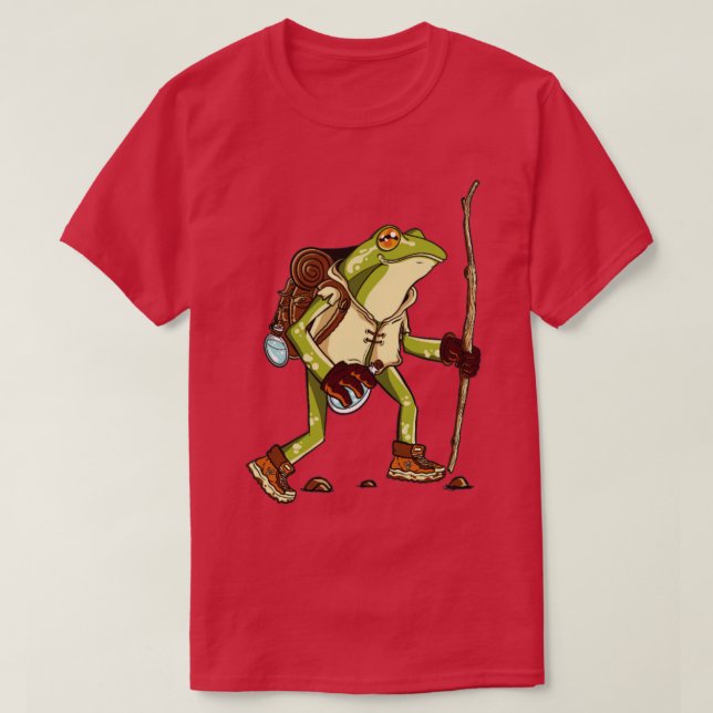Hiking Frog teckning grog med ryggsäck och käpp T Shirt (Design framsida)