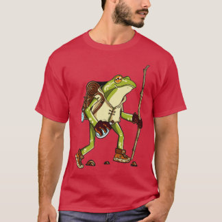 Hiking Frog teckning grog med ryggsäck och käpp T Shirt
