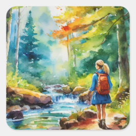 Hiking Girl Fyrkantigt Klistermärke