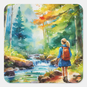 Hiking Girl Fyrkantigt Klistermärke