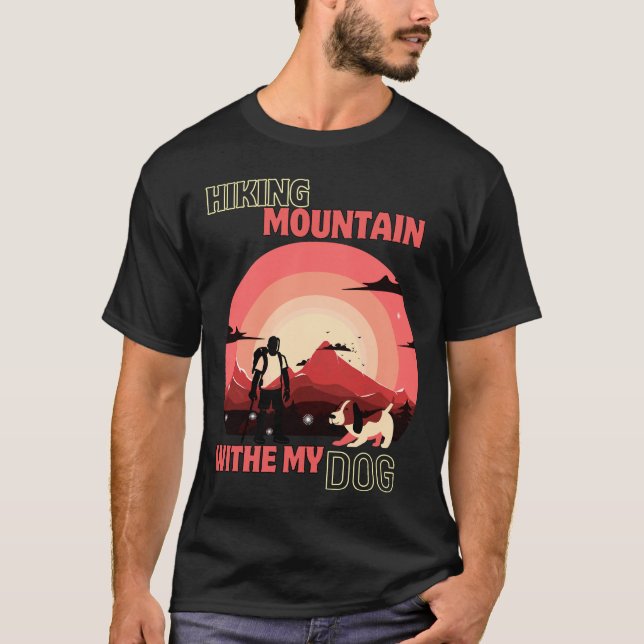 Hiking-Mountain-With-My-Dog-Retro-Sunset-Adventure T Shirt (Framsida)