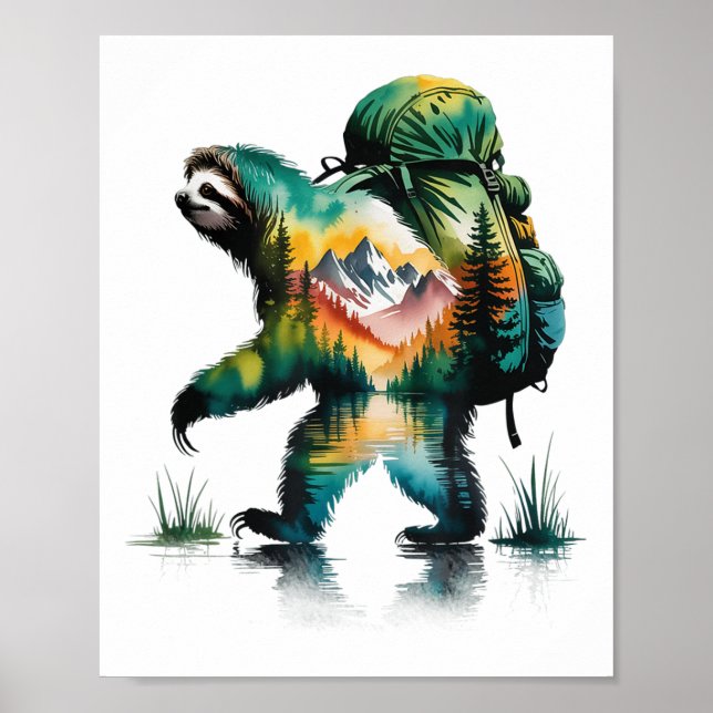 Hiking Sloth Backpackaging Mountain Wildlife Water Poster (Framsidan)