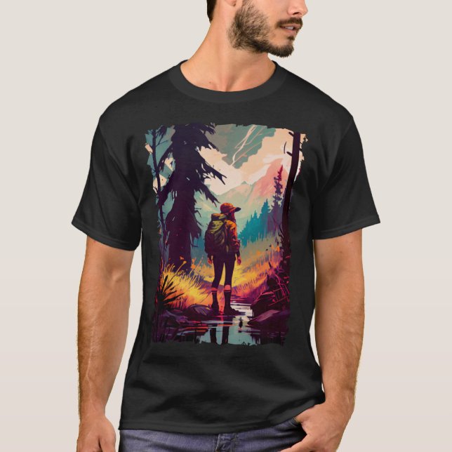 Hiking Woman mountains sunset hiker retro 70s vint T Shirt (Framsida)