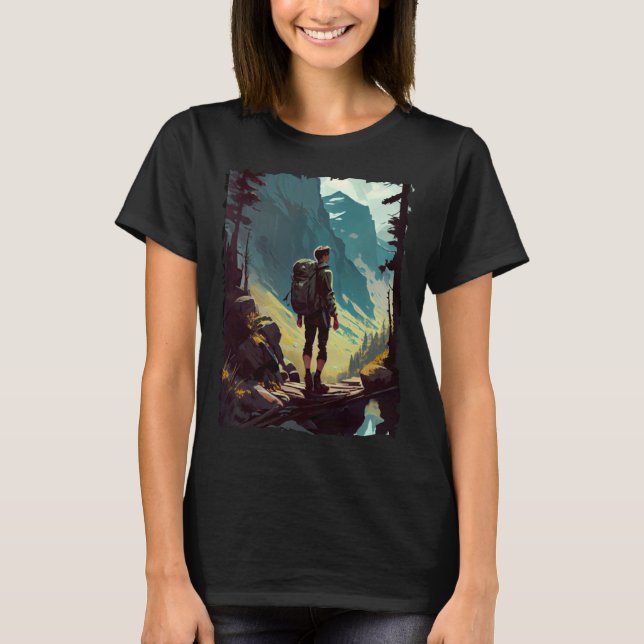 Hiking Woman mountains sunset hiker retro 70s vint T Shirt (Framsida)
