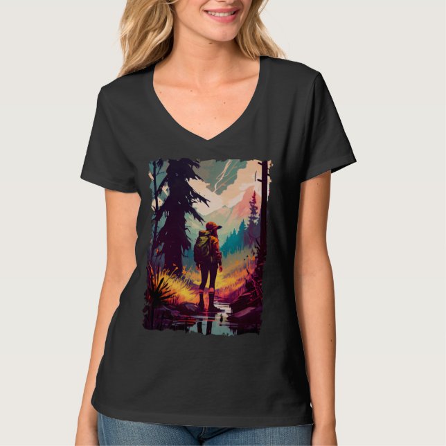 Hiking Woman mountains sunset hiker retro 70s vint T Shirt (Framsida)