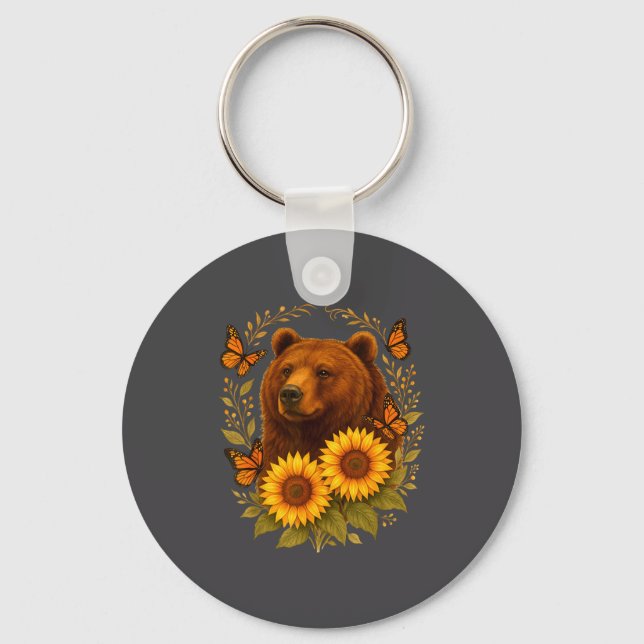 Hilarious Bear Butterfly Nature Rustic Sunflower M Nyckelring (Framsida)