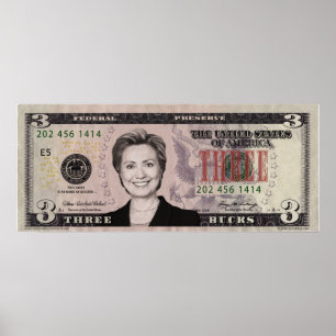 Hillary Clinton $3 räkningaffisch Poster