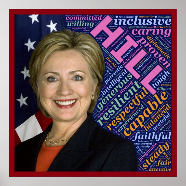 Hillary Clinton Pres, Flagga & Caring Ord Poster (Framsidan)