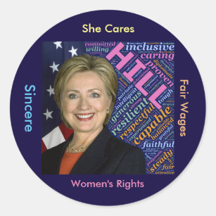 Hillary Clinton Pres., Flagga & Caring Ord Sticker Runt Klistermärke