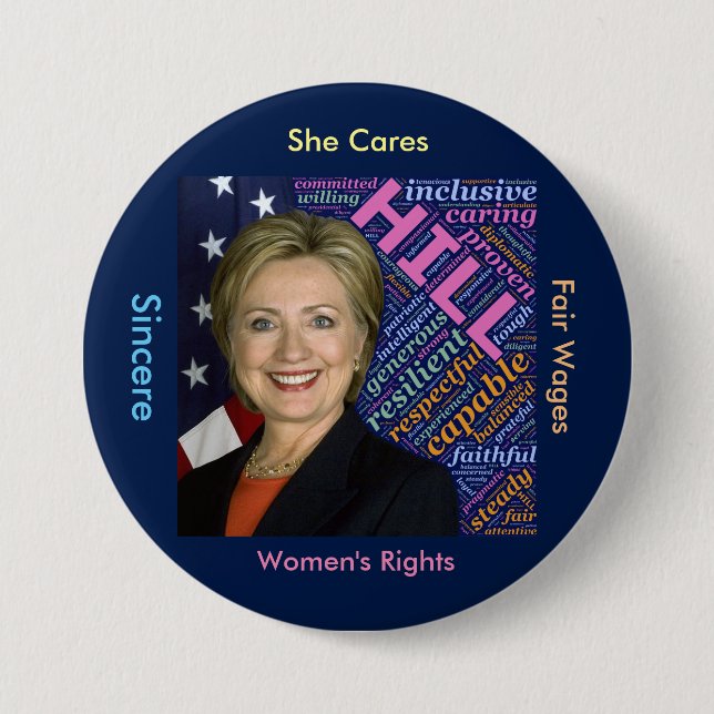 Hillary Clinton Pres, Flagga och Caring Ord Button Knapp (Framsida)
