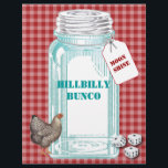 HIllbilly Bunco Flyer<br><div class="desc">Ha roligt med den här vintagen inspirerad Canning Burk Red Gingham Graphic Design. Kycklingsgrafik kan tas bort. Teckensnitt storlekt,  stil och färg kan ändras. Ändra texten så att den passar ditt eget tillfälle. Perfekt för ett Hillbilly- eller Land-temaevenemang.</div>