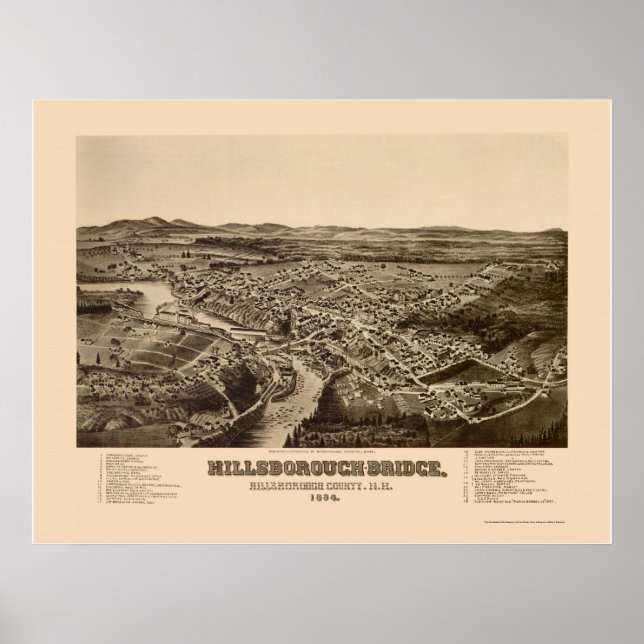 Hillsborough, NH Panoramic Karta - 1884 Poster (Framsidan)