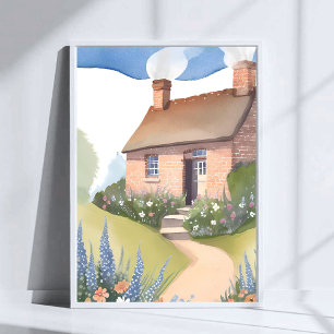 Hillside Cottage   Akvarell Tegel Hem Måleri Poster