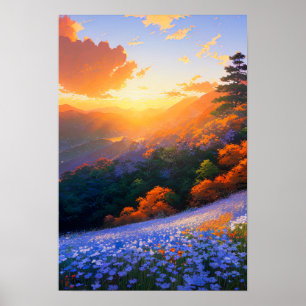 Hilltop Vista från en skogsfylld dal Poster