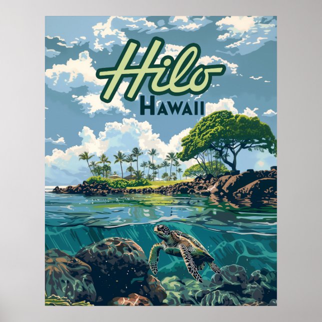 Hilo Hawaii Big Island Turtle Beach Vintage Poster (Framsidan)
