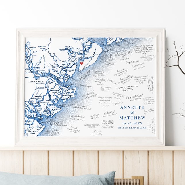 Hilton Head Bröllop Elegant Marin Gästboksposter Poster (Hilton Head Map wedding guest book poster in Elegant navy blue by Coastal Map Designs)