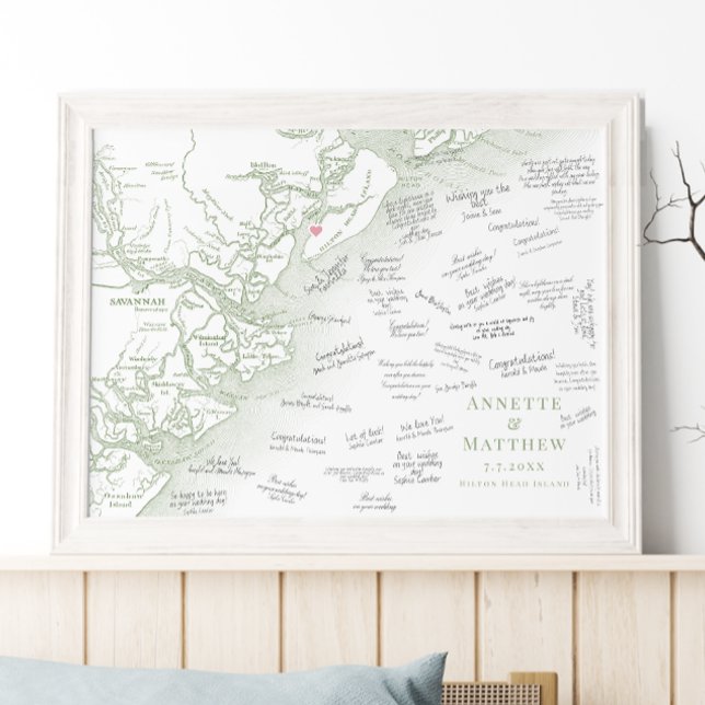 Hilton Head Bröllop Elegant Salvia Gästboksposter Poster (Hilton Head Map wedding guest book poster in Elegant Sage Green by Coastal Map Designs)