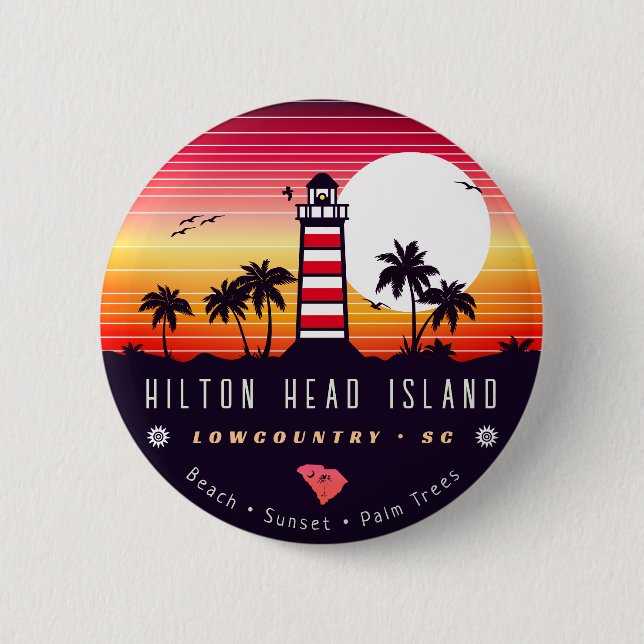 Hilton Head fyr SC Retro Sunset Souvenirs Knapp (Framsida)