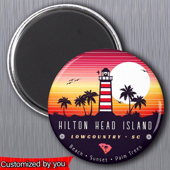 Hilton Head fyr SC Retro Sunset Souvenirs Magnet (Skapare uppladdad)