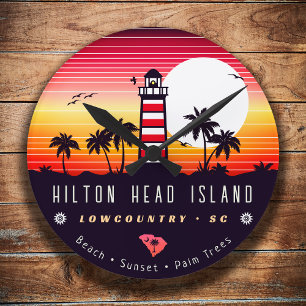 Hilton Head fyr SC Retro Sunset Souvenirs Rund Klocka