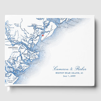 Hilton Head Island Karta Elegant Navy Blue Bröllop Gästböcker