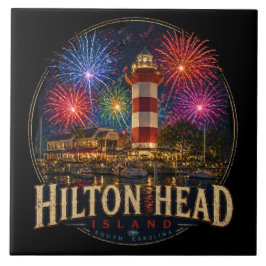 Hilton Head Island Lighthouse Patriotiska fyrverke Kakelplatta