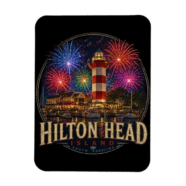 Hilton Head Island Lighthouse Patriotiska fyrverke Magnet (Vertikal)