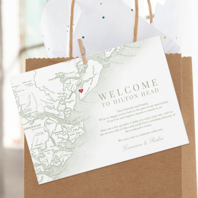 Hilton Head Sage Grönt Bröllop Välkomsthisterary Tack Kort (Hilton Head Map Wedding Welcome Letter and Weekend Events Schedule in Sage Green Coastal Map Designs)