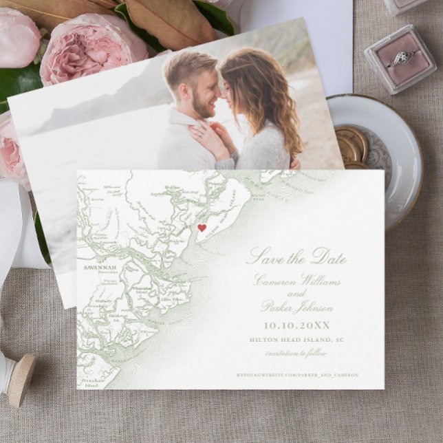 Hilton Head SC Karta Elegant Sage Grönt Bröllop Spara Datumet (Hilton Head Map Photo Save the Date in Elegant Sage Green by Coastal Map Designs)