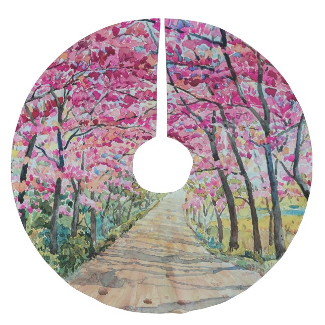 Himalayan Cherry Roadside Watercolor liggande Julgransmatta Borstad Polyester (Framsidan)