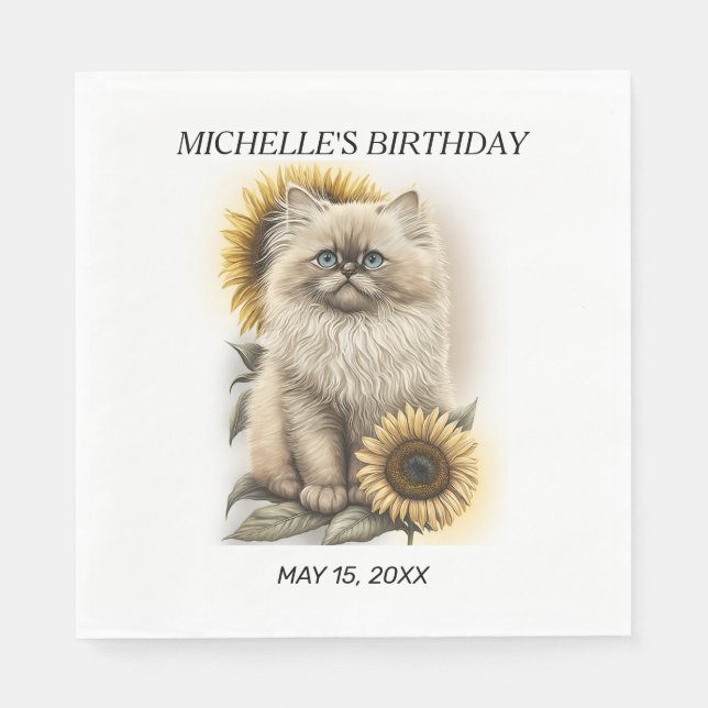 Himalayan Kitten Cat Sunblommblommor Birthday Namn Pappersservett (Framsidan)