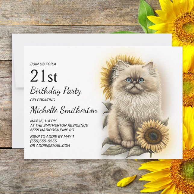 Himalayan Kitten Cat Sunblommor 21:a födelsedagen Inbjudningar (Skapare uppladdad)