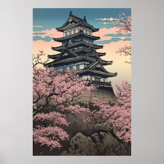 Himeji Castle med Cherry Blommars Japansk Art Poster (Framsidan)