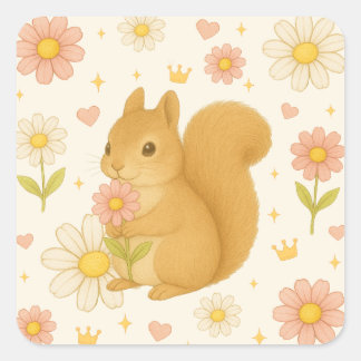 HIMEKARI Floral Squirrel Sticker (Cream) Fyrkantigt Klistermärke