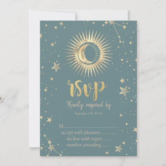 Himla Guld Sol Måne Stjärnor Mint Grön RSVP Inbjudningar (Framsida)