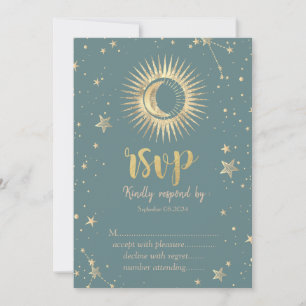 Himla Guld Sol Måne Stjärnor Mint Grön RSVP Inbjudningar