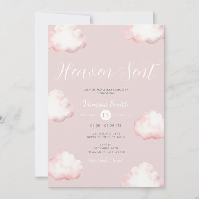 Himlabarn Baby Shower Inbjudan Rosa Moln (Framsida)