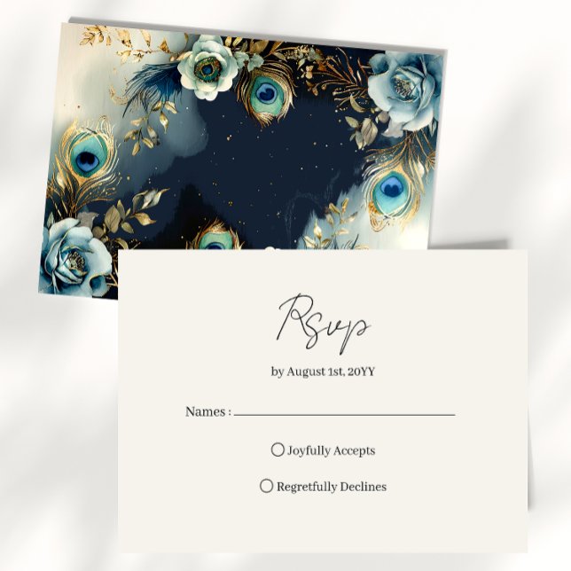 Himlablå Påfågelsfjädrar Elegant Bröllop OSA Kort (Skapare uppladdad)