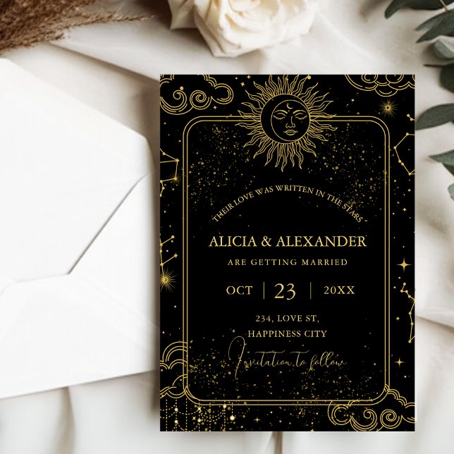 Himlakropp Skriven i stjärnorna Spara datumet Inbjudningar (Celestial Written in the Stars Save the Date Invitation)