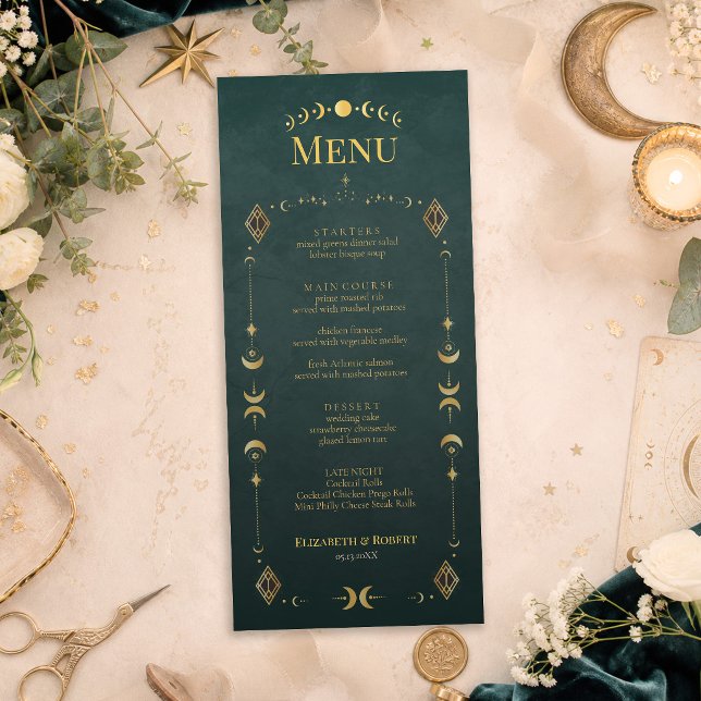Himlalik Gothic Mörk Turkos Bröllopsmenykort Meny (Celestial Gothic Dark Teal Wedding Menu Card with celestial wedding decor and flowers)