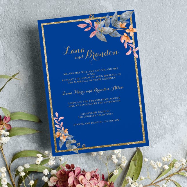 Himlar blå guld glitter rosa orange blommigt Bröll Inbjudningar (Sky blue gold glitter pink orange floral Wedding Invitation)