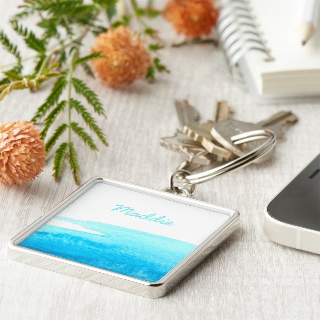 Himlar blå vattenfärgsönskan fyrkantig silverfärgad nyckelring (Sidan)