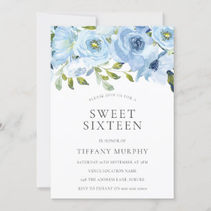 Himlar Blåa blommor Sweet 16 Födelsedagsfest Inbjudningar