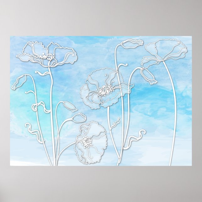 Himlar Blue Abstrakt Watercolor och Poppies 3 Poster (Framsidan)
