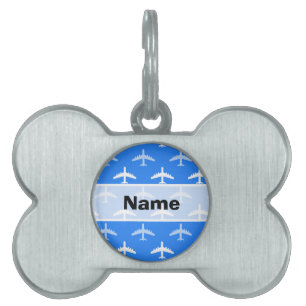 Himlar Blue and White Airplane; Flygplan Namnbricka Husdjur