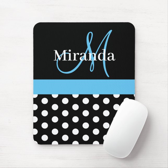 Himlar Blue Black White Polka Dot Monogram Mouse P Musmatta (Med mus)