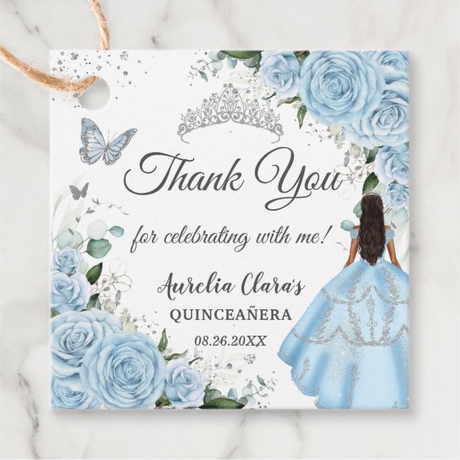 Himlar Blue Blommigt Princess Dress Silver Quincea Gåvor Etiketter (Framsida)