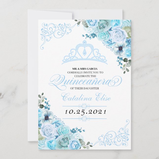 Himlar Blue Blommigt Quinceanera Birthday-inbjudan Inbjudningar (Framsida)