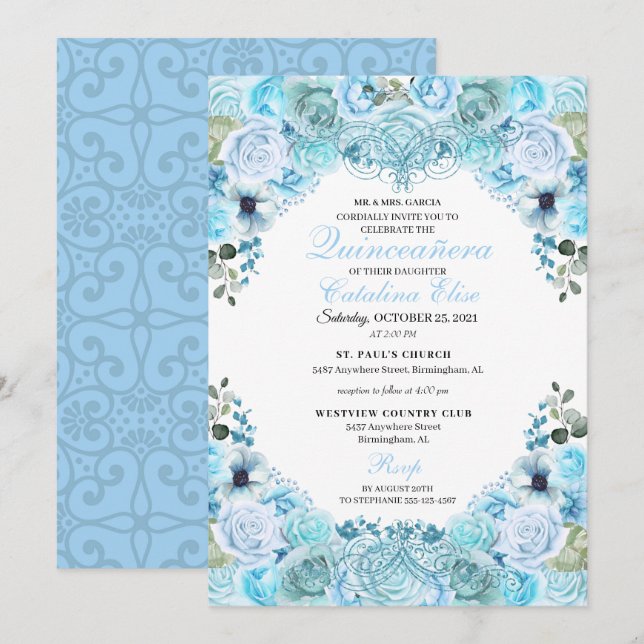 Himlar Blue Blommigt Quinceanera Birthday-inbjudan Inbjudningar (Fram/baksida)